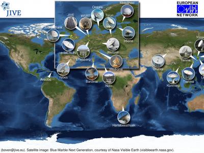 Map of EVN telescopes around Earth
